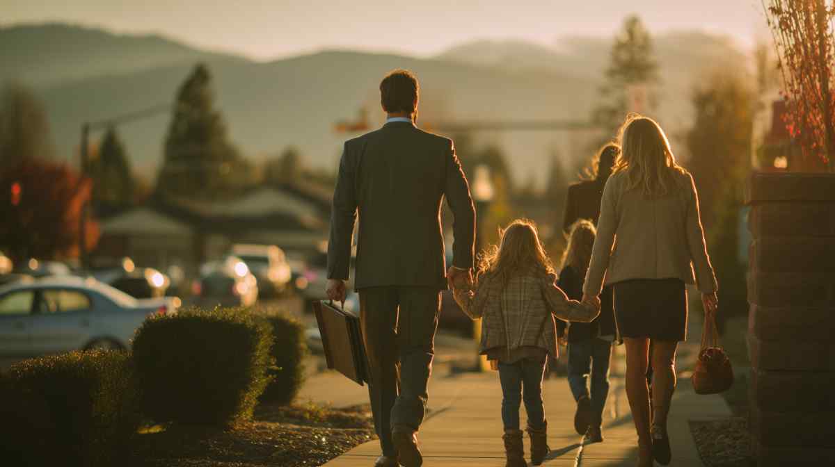 Quiet moment outside the Deschutes County courthouse with an attorney and family, Cascade Mountains in soft background